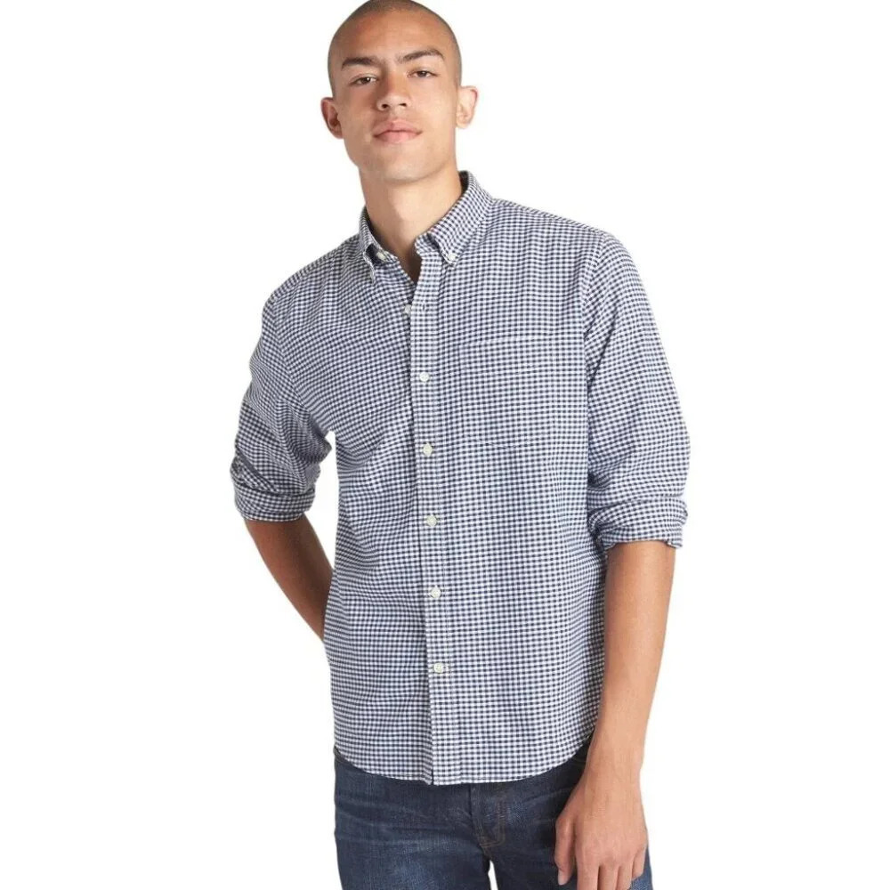 GAP Navy Gingham Lived-In Stretch Oxford Shirt in Untucked Fit L Tall Mens